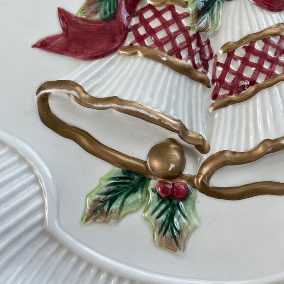 Fitz and Floyd Holiday Bells Canape Snack Cookie Plate Christmas 8 3/4" Gold Red - Picture 4 of 11